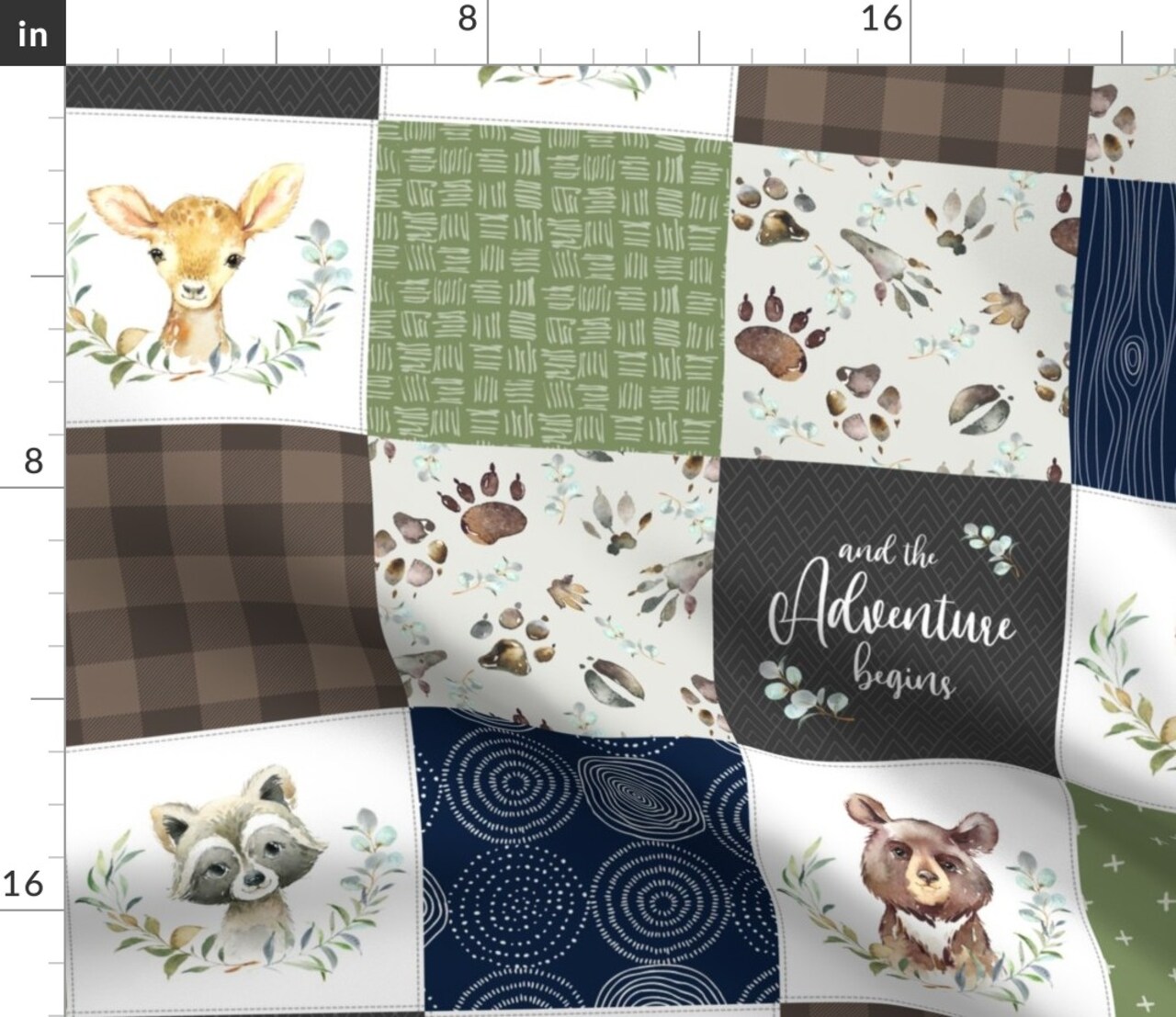 Cute Woodland Forest Nursery Blue Brown Green Cheater Quilt Deer Bear Fox Raccoon Baby Boy Custom Printed Fabric by Spoonflower Various Fabrics by the Yard or Fat Quarter